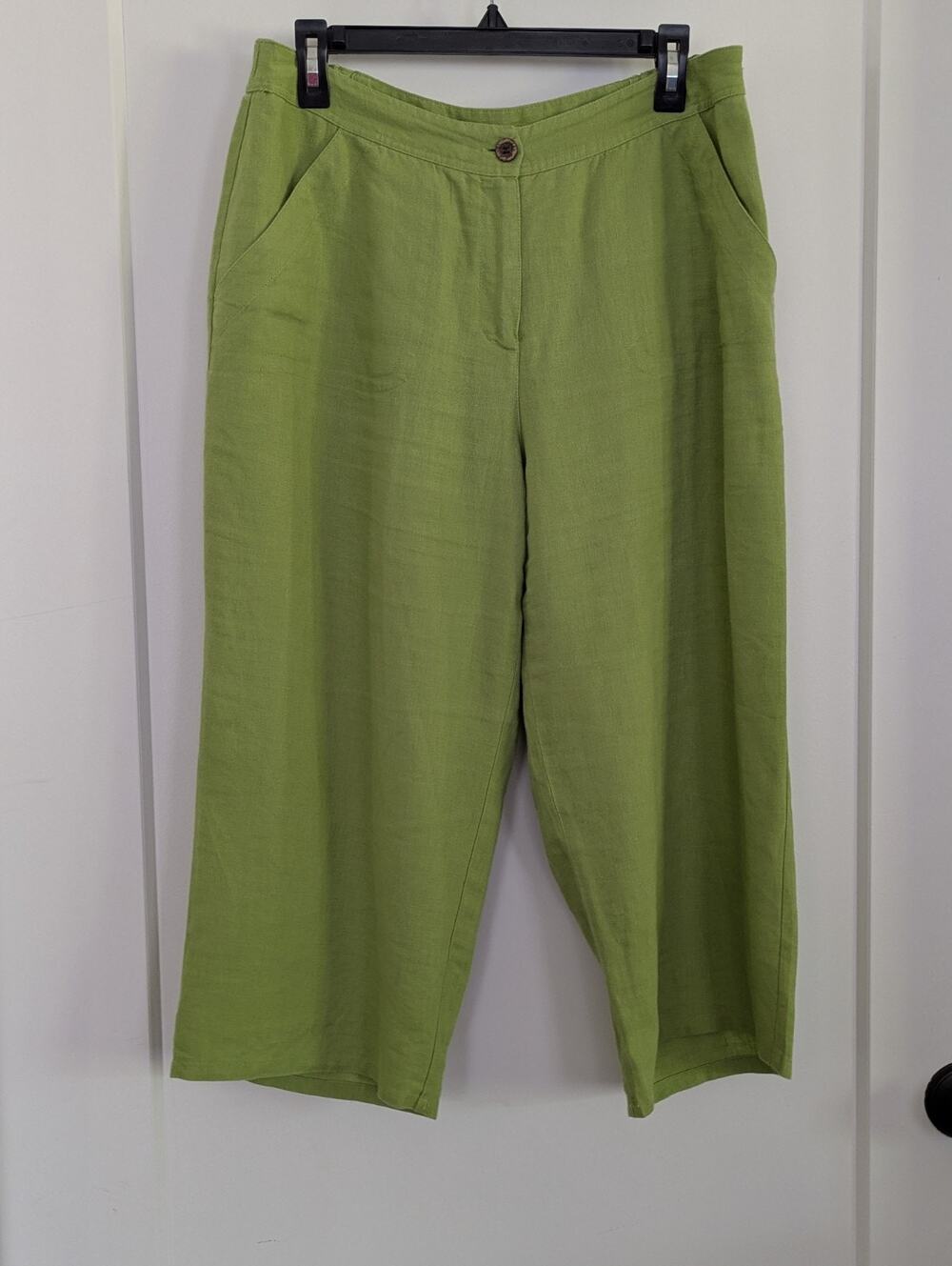 Chico's Sz2(12/L) Green 100% Linen Cropped Wide Leg Pants Lagenlook Resort